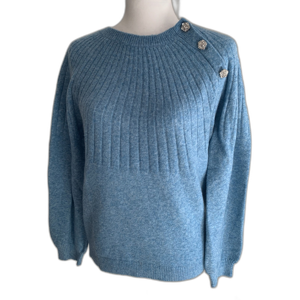 Loft | Light Blue Crystal Button Detail Pullover Wool Blend Sweater Size Small